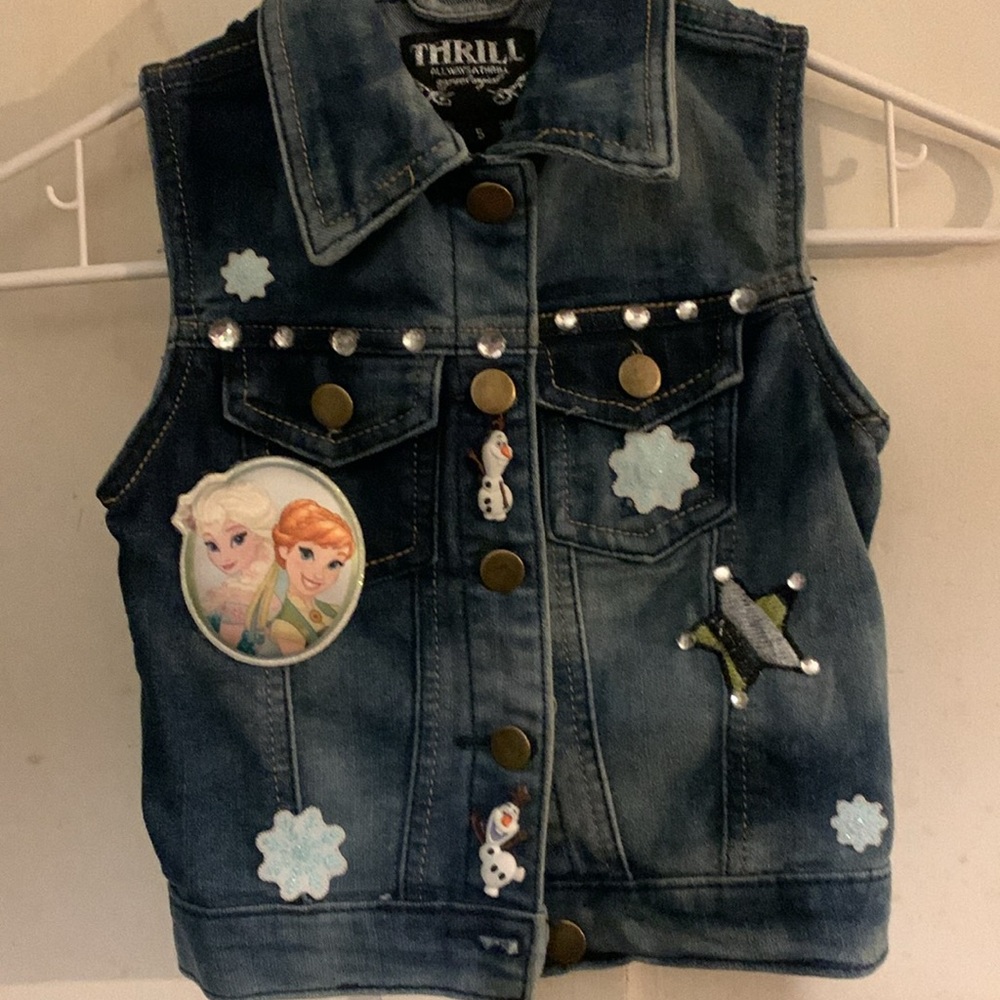 OOAK Frozen Upcycled Handmade Girls Denim Vest Handcraft Unique Elsa Olaf Size 5